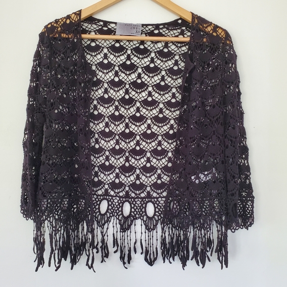 NWOT Sz XS Black Open Crochet Knit Open Style Cardigan Fringe 3/4 Sleeve BOHO - Picture 4 of 15